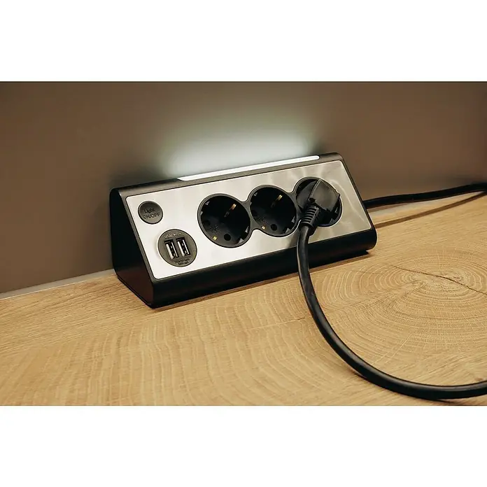 Tischsteckdose - 3-fach, Silber/Schwarz, 28 x 10,2 x 9 cm - Steckerleiste mit Steckdosen und USB-Anschlüssen für elektronische Geräte, ideal für den Einsatz im Büro oder zu Hause.