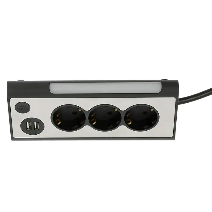 Tischsteckdose - 3-fach, Silber/Schwarz, 28 x 10,2 x 9 cm - Mehrfachsteckdose mit drei Steckplätzen, zwei USB-Anschlüssen und einer Lichtleiste für den Schreibtisch oder das Wohnzimmer.