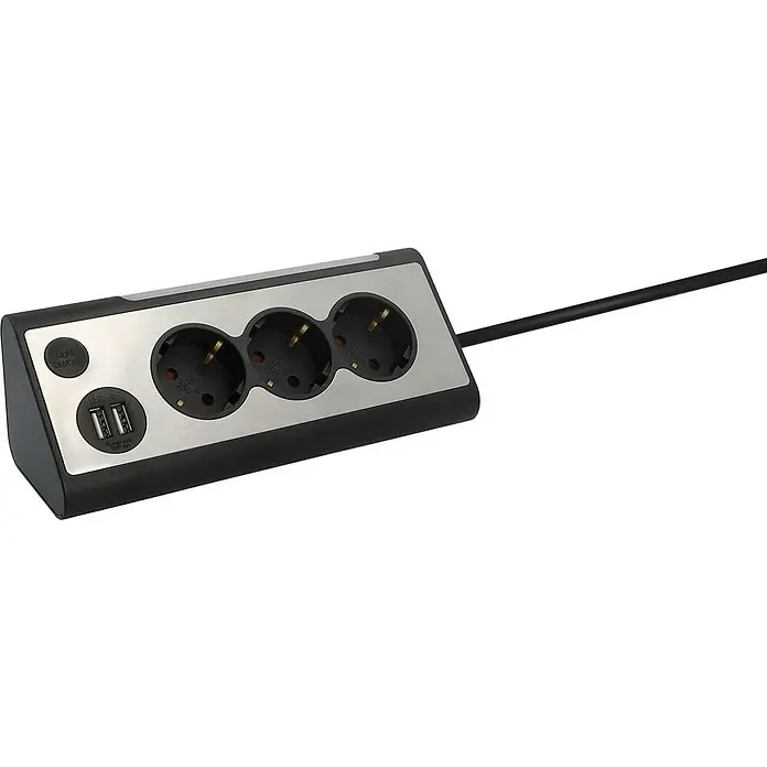 Tischsteckdose - 3-fach, Silber/Schwarz, 28 x 10,2 x 9 cm - Steckdosenleiste mit drei Steckdosen und zwei USB-Anschlüssen für vielseitige Stromversorgung und Auflademöglichkeiten.