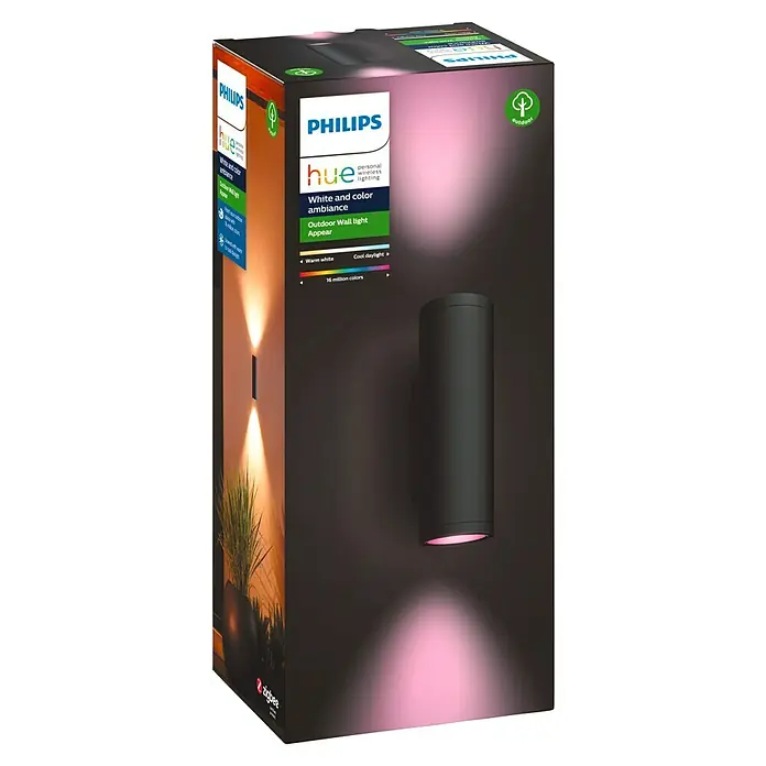 Philips Hue LED-Außenwandleuchte Appear - 8 W, 11,7 x 8,4 x 24 cm, Schwarz, IP44 - Eine Philips Hue "Appear" Außenwandleuchte, die stimmungsvolles, farbiges Licht erzeugt und die Atmosphäre im Außenbereich aufwertet.