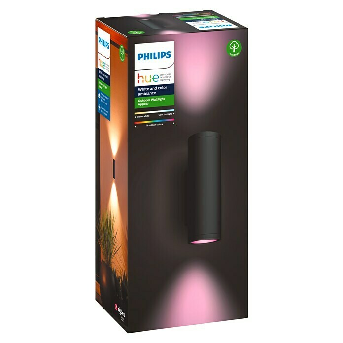 Philips Hue LED-Außenwandleuchte Appear8 W, 11,7 x 8,4 x 24 cm, Schwarz, IP44 Diagonal View