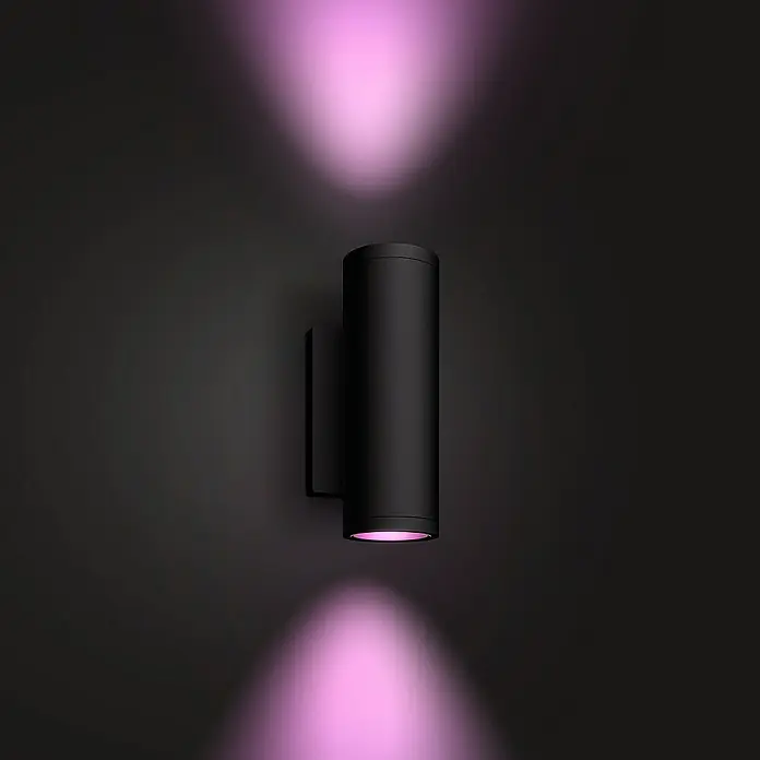 Philips Hue LED-Außenwandleuchte Appear - 8 W, 11,7 x 8,4 x 24 cm, Schwarz, IP44 - Wandleuchte mit zylindrischem Design und rosa Lichtakzenten für moderne Beleuchtung und stilvolles Ambiente.