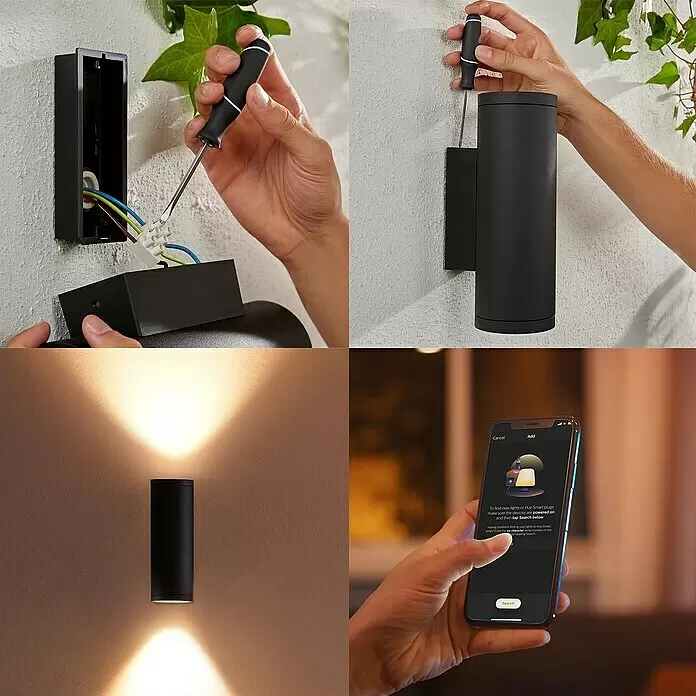Philips Hue LED-Außenwandleuchte Appear - 8 W, 11,7 x 8,4 x 24 cm, Schwarz, IP44 - Anwendungsbeispiel