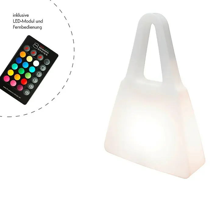 8 Seasons Design Shining LED-Dekoleuchte Bag - 6 W, Weiß, L x B x H: 19 x 55 x 75 cm - Nahaufnahme einer weißen, taschenförmigen Lampe mit Fernbedienung zur Steuerung der Lichtfarben.