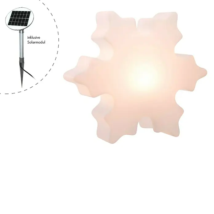 8 Seasons Design Shining LED-Solar-Dekoleuchte Crystal Mini - Weiß, Durchmesser: 40 cm - Eine Nahaufnahme einer solarbetriebenen LED-Schneeflocken-Gartenleuchte, die eine festliche Beleuchtung für den Außenbereich bietet.