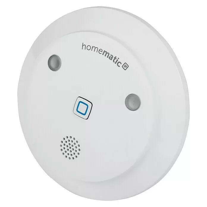 Homematic IP Sistema de alarma HmIP-ASIR-2 -  - Sensor inteligente redondo blanco Homematic IP con botón de contorno azul, rejilla de altavoz y dos sensores grises.