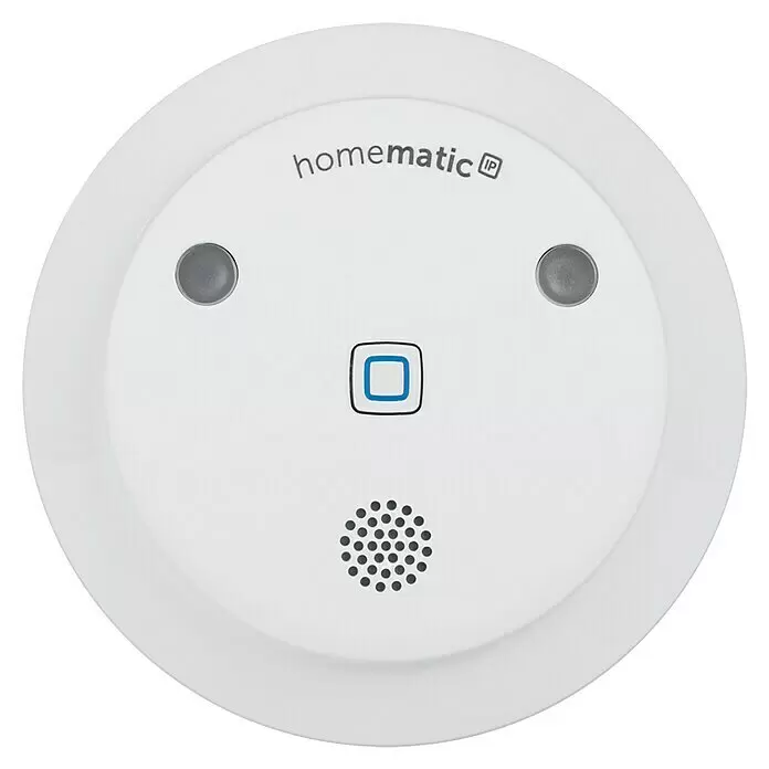 Homematic IP Sistema de alarma HmIP-ASIR-2 -  - Dispositivo Smart Home Homematic IP redondo blanco con dos botones grises, un botón cuadrado con borde azul y una rejilla de altavoz.