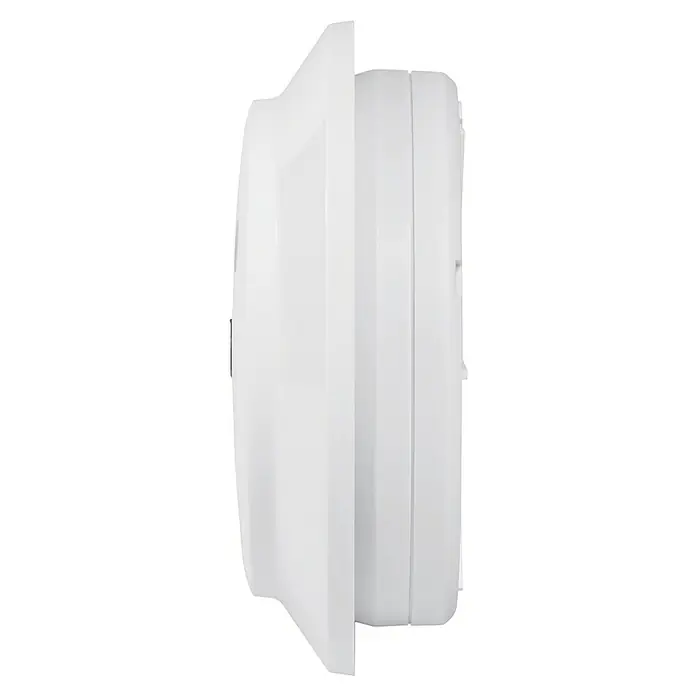 Homematic IP Alarmsirene HmIP-ASIR-2 - Batteriebetrieben, Alarmsignal: 90 dB, Ø x H: 12,4 x 4,5 cm - Seitenansicht eines weißen, runden Abluftventilators für die Wandmontage. Ideal für Badezimmer oder Küchen zur effektiven Entlüftung.