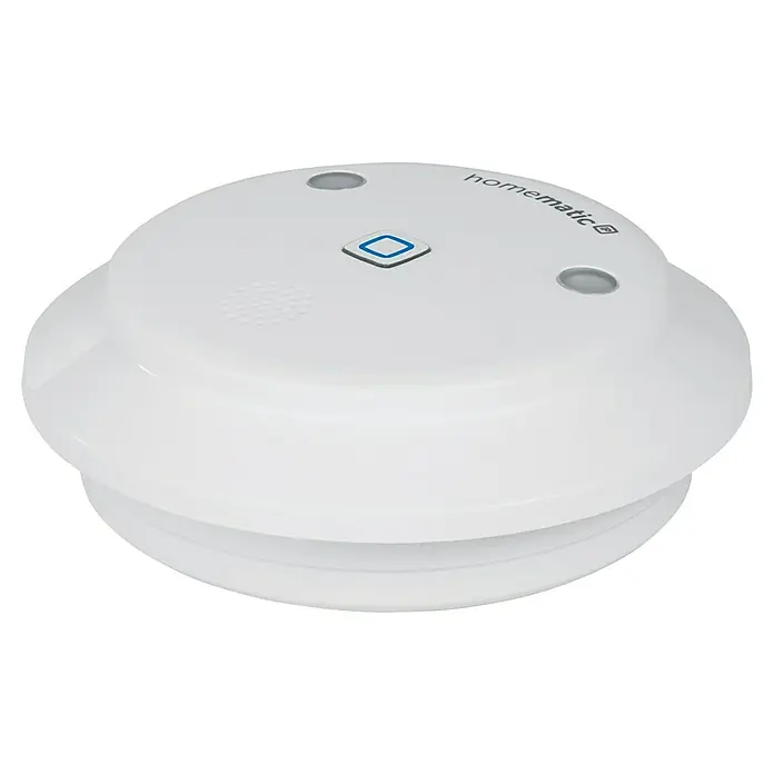 Homematic IP Alarmsirene HmIP-ASIR-2 - Batteriebetrieben, Alarmsignal: 90 dB, Ø x H: 12,4 x 4,5 cm - Nahaufnahme eines Homematic IP Rauchwarnmelders, einem wichtigen Gerät für die Sicherheit in Ihrem Zuhause.