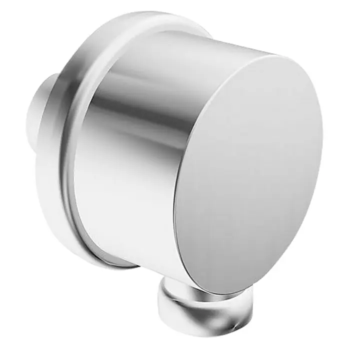 Hansa Viva Brauseanschluss - ½″, Chrom, Rückflussverhinderer - Nahaufnahme eines glänzenden, silberfarbenen Knopfes mit zylindrischer Form und abgerundeten Kanten auf schwarzem Hintergrund.