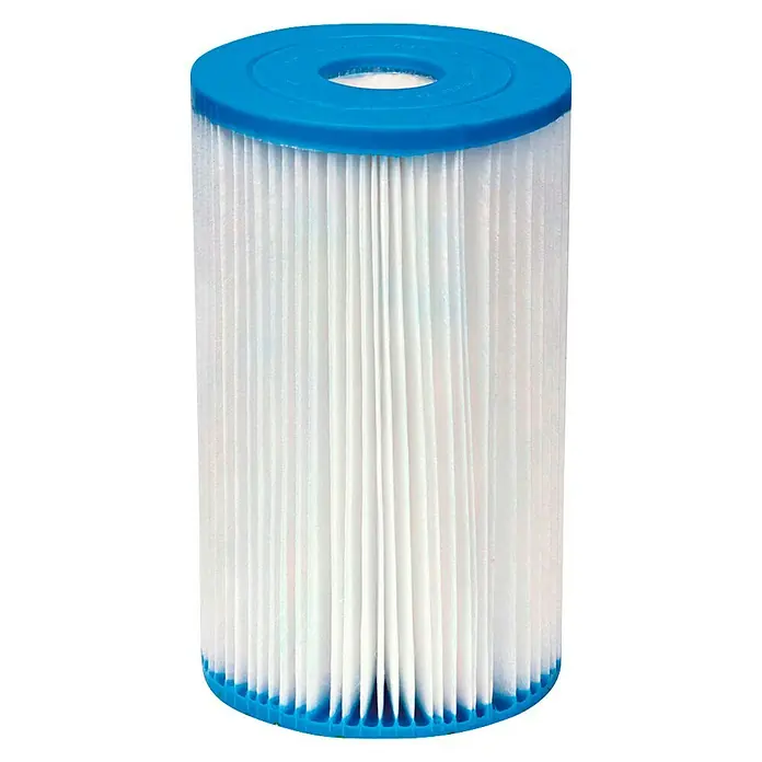 Intex Cartucho filtrante Tipo B - Largo: 25,3 cm - Imagen de un cartucho de filtro de piscina con tapas azules y elementos filtrantes blancos sobre un fondo negro.