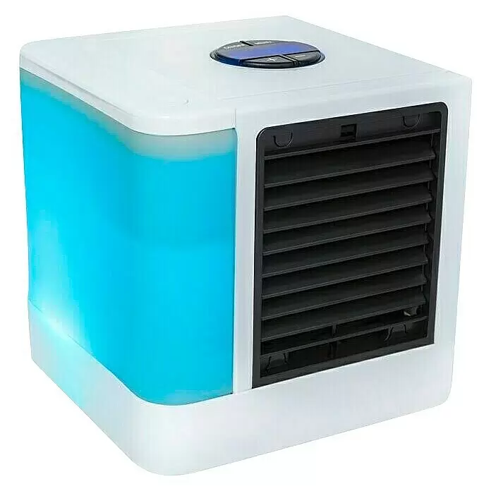 PR Klima Climatizador evaporativo - LED, 5 W - Enfriador de aire evaporativo portátil blanco con depósito de agua translúcido azul y rejilla negra.
