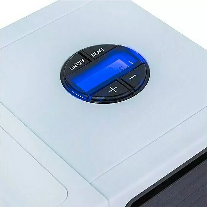 PR Klima Climatizador evaporativo - LED, 5 W - Dispositivo blanco con panel de control circular negro, pantalla LED azul y botones ON/OFF, MENU, más, menos.