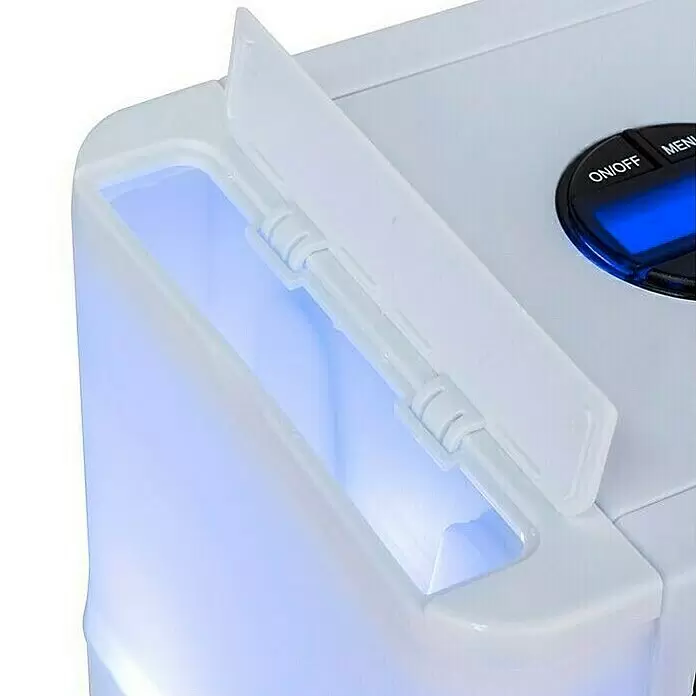 PR Klima Climatizador evaporativo - LED, 5 W - Aparato blanco con tapa con bisagras abierta, compartimento interior iluminado de azul y panel de control con pantalla azul.