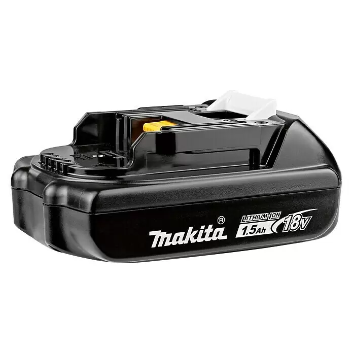 Makita LXT 18V Batería BL1815N - 18 V, 1,5 Ah - Batería negra Makita 18V 1.5Ah de iones de litio con botón de liberación amarillo y componente superior blanco.