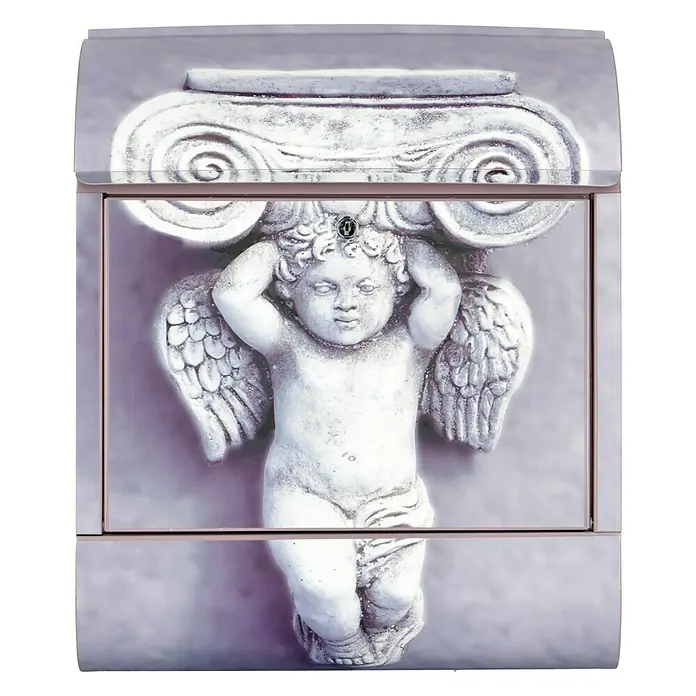 Wandbriefkasten - L x B x H: 12 x 38 x 45 cm, Stahl, Zeitungsfach, Engel - Diese kunstvolle Briefkasten verfügt über einen Engel, der eine Säule trägt und Ihrem Eingang einen Hauch von Eleganz verleiht.