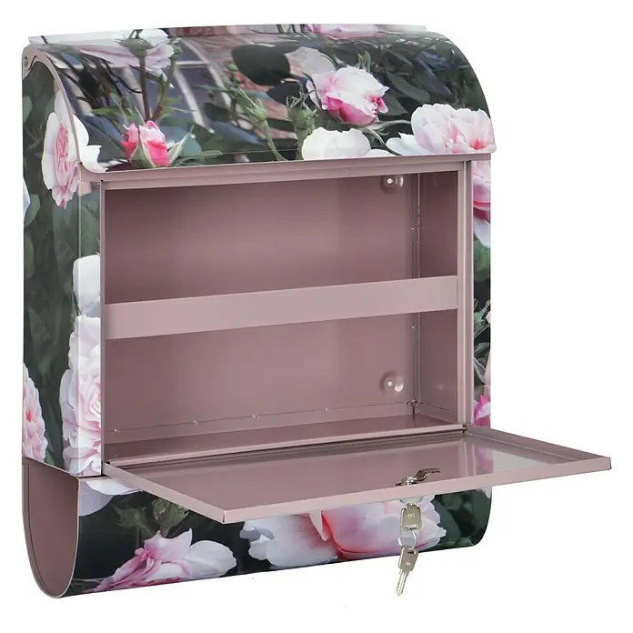 Wandbriefkasten - L x B x H: 12 x 38 x 45 cm, Stahl, Zeitungsfach, Rosen - Geöffneter Briefkasten mit Rosenmuster. Er verfügt über ein Ablagefach und ein Schloss mit Schlüssel.