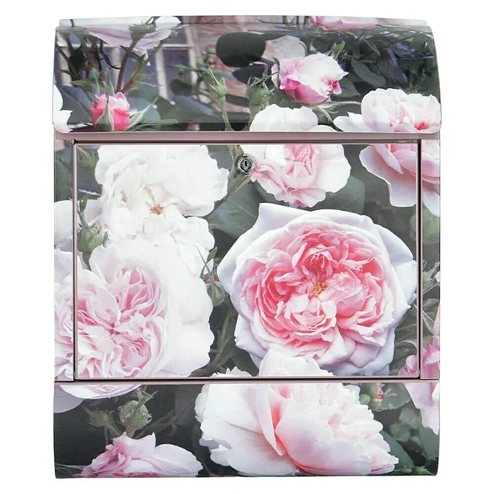 Wandbriefkasten - L x B x H: 12 x 38 x 45 cm, Stahl, Zeitungsfach, Rosen - Blumengeschmückter Briefkasten. Dieser Briefkasten ist mit einem schönen Rosenmuster verziert und verleiht Ihrem Eingangsbereich eine stilvolle Note.