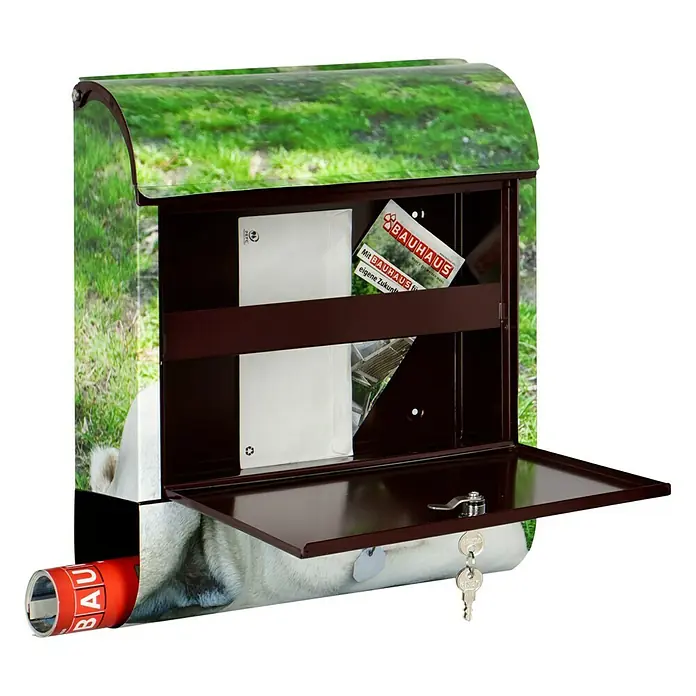 Wandbriefkasten - L x B x H: 12 x 38 x 45 cm, Stahl, Zeitungsfach, Mops - Abgebildeter Briefkasten mit Bildaufdruck, der mit Briefen gefüllt ist und dessen Klappe offensteht.