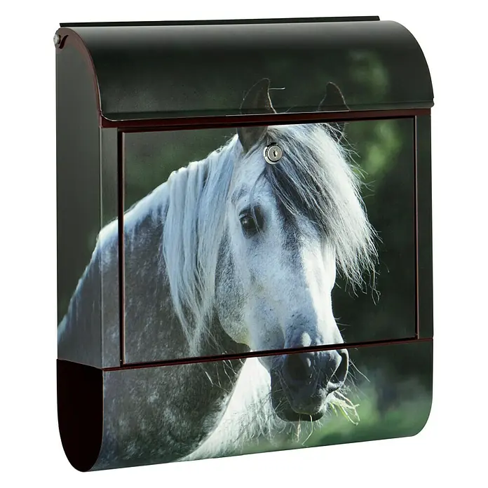 Wandbriefkasten - L x B x H: 12 x 38 x 45 cm, Stahl, Zeitungsfach, Pferd - Dieser Briefkasten mit Pferde-Motiv ist eine stilvolle und einzigartige Ergänzung für jeden Hauseingang. Er bietet sicheren Schutz für Ihre Post.