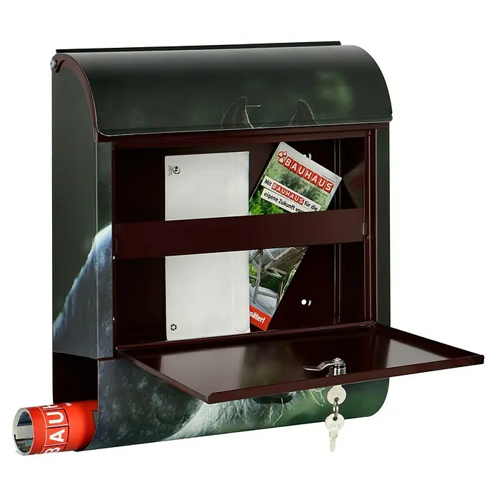 Wandbriefkasten - L x B x H: 12 x 38 x 45 cm, Stahl, Zeitungsfach, Pferd - Briefkasten mit Zeitungsrolle und Prospekten. Der Briefkasten ist mit einem Schlüssel versehen und zeigt ein Tiermotiv.