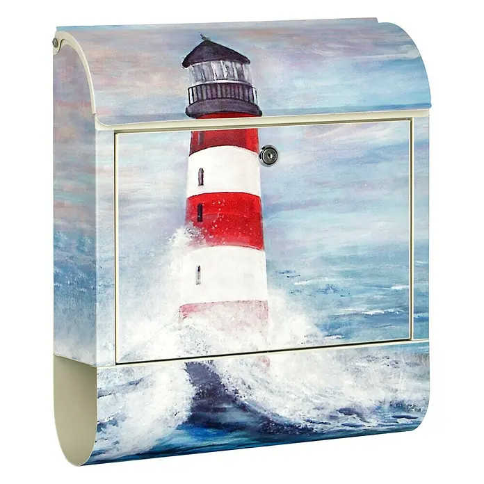 Wandbriefkasten - L x B x H: 12 x 38 x 45 cm, Stahl, Zeitungsfach, Leuchtturm - Dieser Briefkasten zeigt ein malerisches Leuchtturmmotiv, das eine maritime Atmosphäre schafft. Ein echter Hingucker für jedes Haus.