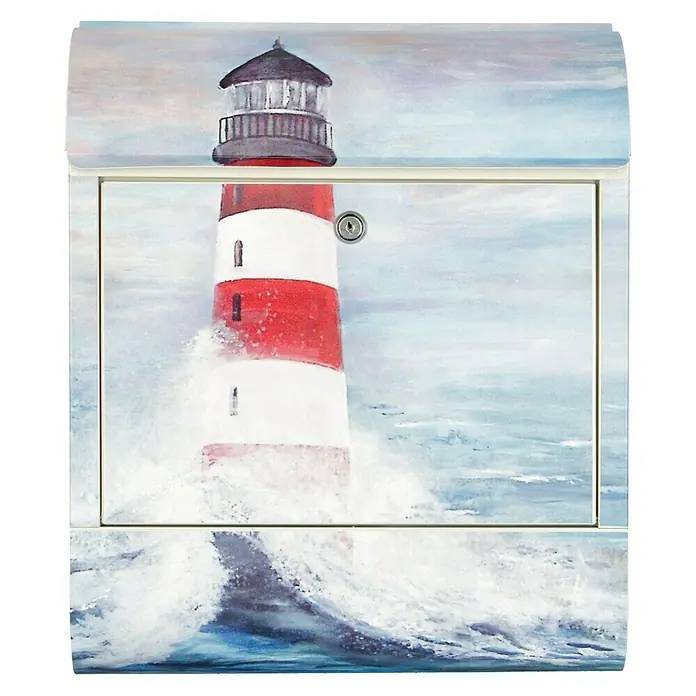 Wandbriefkasten - L x B x H: 12 x 38 x 45 cm, Stahl, Zeitungsfach, Leuchtturm - Bemalter Briefkasten mit einem Leuchtturm-Motiv, umgeben von aufspritzendem Wasser, für eine maritime Note vor Ihrem Haus.