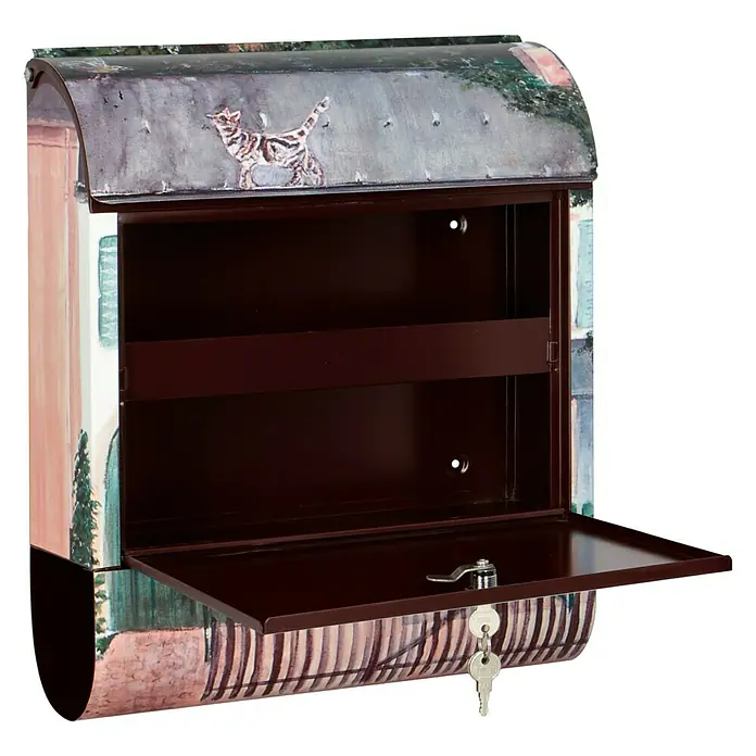 Wandbriefkasten - L x B x H: 12 x 38 x 45 cm, Stahl, Zeitungsfach, Haus - Geöffneter dekorativer Briefkasten mit Katzenmotiv, ideal für den Eingangsbereich. Er ist rotbraun und hat ein Schloss.