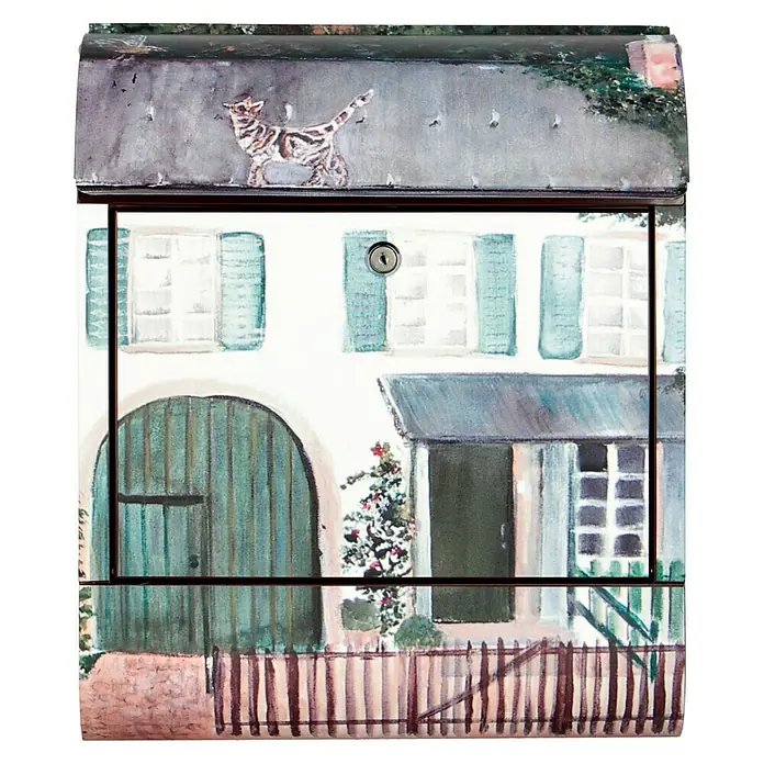 Wandbriefkasten - L x B x H: 12 x 38 x 45 cm, Stahl, Zeitungsfach, Haus - Ein dekorativer Briefkasten mit einem aufgemalten Hausmotiv, inklusive Katze auf dem Dach, verleiht jedem Eingangsbereich eine persönliche Note.