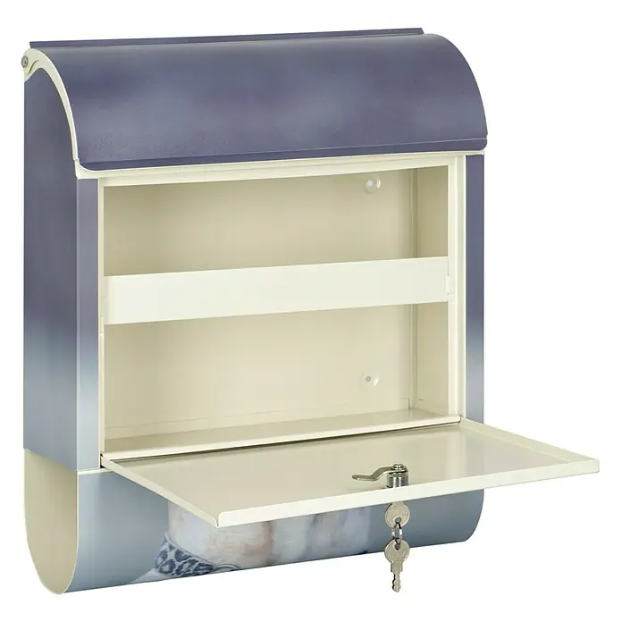 Wandbriefkasten - L x B x H: 12 x 38 x 45 cm, Stahl, Zeitungsfach, Labrador - Das Bild zeigt einen geöffneten, modernen Briefkasten mit Schlüssel und Schloss, ideal für den Außenbereich.