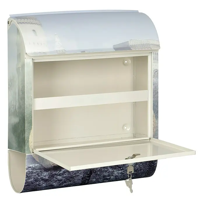 Wandbriefkasten - L x B x H: 12 x 38 x 45 cm, Stahl, Zeitungsfach, Froschkönig - Geöffneter Briefkasten mit einem Schloss und Schlüssel. Der Briefkasten hat ein einzigartiges Design und ist praktisch.