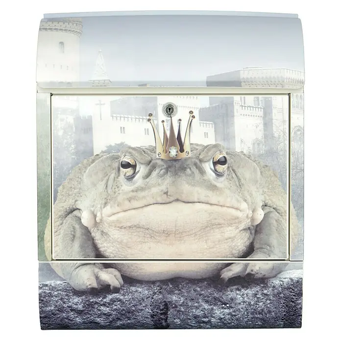 Wandbriefkasten - L x B x H: 12 x 38 x 45 cm, Stahl, Zeitungsfach, Froschkönig - Briefkasten mit Froschkönig-Motiv. Der Frosch mit Krone sitzt auf einem Stein vor einem Schloß, eine tolle Dekoration für Ihr Haus.