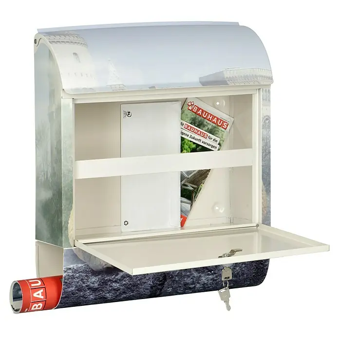 Wandbriefkasten - L x B x H: 12 x 38 x 45 cm, Stahl, Zeitungsfach, Froschkönig - Geöffneter Briefkasten mit Schloss und Briefen, dekoriert mit einem malerischen Schlossmotiv. Praktisch und dekorativ für jeden Eingangsbereich.