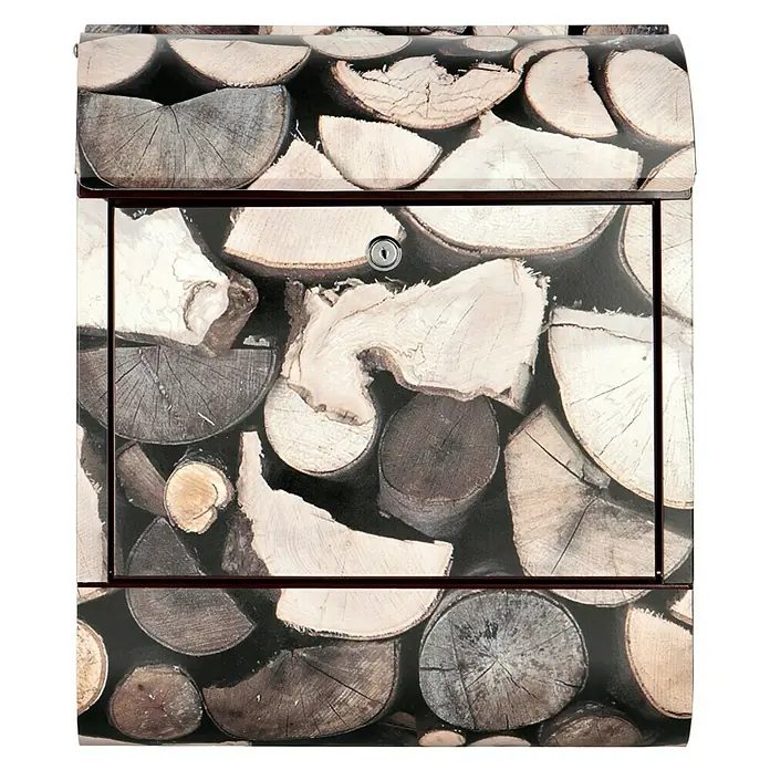 Wandbriefkasten - L x B x H: 12 x 38 x 45 cm, Stahl, Zeitungsfach, Holz - Ein quadratischer Briefkasten mit Holzstapel-Motiv. Der Briefkasten verfügt über ein Schloss und eine braune Umrandung. Praktisch und dekorativ.