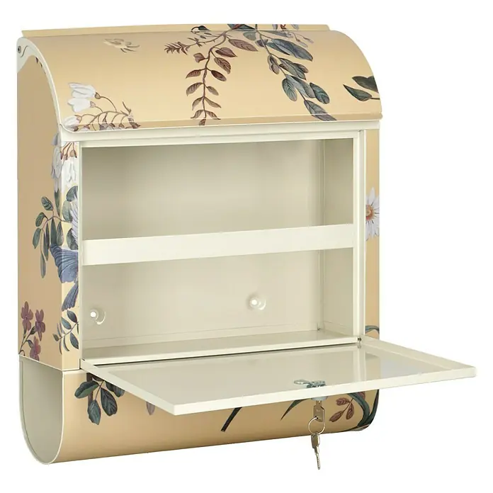 Wandbriefkasten - L x B x H: 12 x 38 x 45 cm, Stahl, Zeitungsfach, Gelber Vogel - Ein offener, blumengemusterter Briefkasten mit einem Fach und einem Schlüssel, der am Schloss hängt. Praktisch und dekorativ.