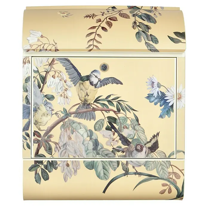 Wandbriefkasten - L x B x H: 12 x 38 x 45 cm, Stahl, Zeitungsfach, Gelber Vogel - Gelber Briefkasten mit Vogel- und Blumenmuster für eine stilvolle und naturverbundene Postzustellung.