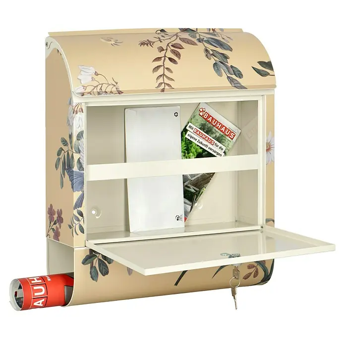 Wandbriefkasten - L x B x H: 12 x 38 x 45 cm, Stahl, Zeitungsfach, Gelber Vogel - Abgebildeter Briefkasten mit floralem Muster, Zeitungsfach und Briefen im Inneren. Ideal für den Eingangsbereich.