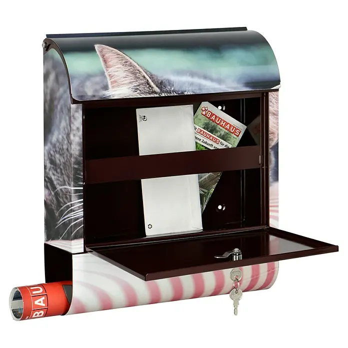 Wandbriefkasten - L x B x H: 12 x 38 x 45 cm, Stahl, Zeitungsfach, Katze - Ein detailreicher Briefkasten mit Katzenmotiv und integriertem Zeitungsfach, inklusive Schlüsseln für die sichere Postaufbewahrung.