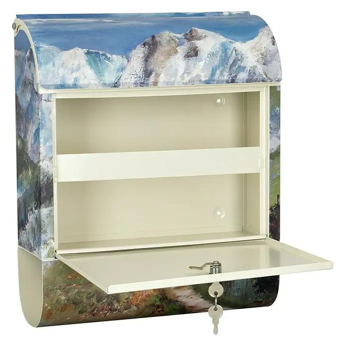 Wandbriefkasten - L x B x H: 12 x 38 x 45 cm, Stahl, Zeitungsfach, Gebirge - Geöffneter Briefkasten mit Bergmotiv und Schlüssel. Bietet viel Platz für Ihre Post und sieht dabei noch gut aus.