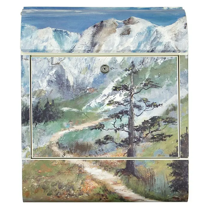 Wandbriefkasten - L x B x H: 12 x 38 x 45 cm, Stahl, Zeitungsfach, Gebirge - Bemalter Briefkasten mit Bergmotiv, das eine ruhige, malerische Landschaft darstellt und der Umgebung einen künstlerischen Touch verleiht.