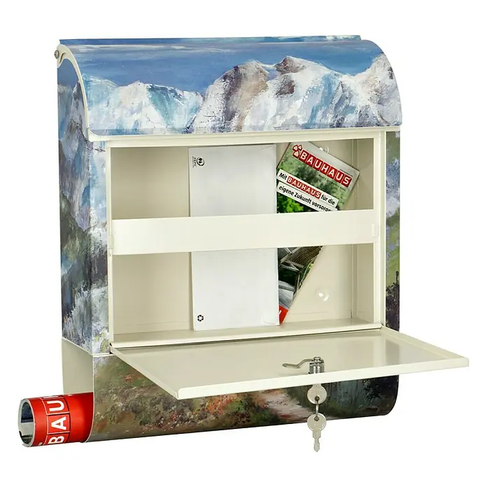 Wandbriefkasten - L x B x H: 12 x 38 x 45 cm, Stahl, Zeitungsfach, Gebirge - Offener Briefkasten mit Landschaftsmotiv. Perfekt für den Außenbereich, um Post sicher und stilvoll zu empfangen.
