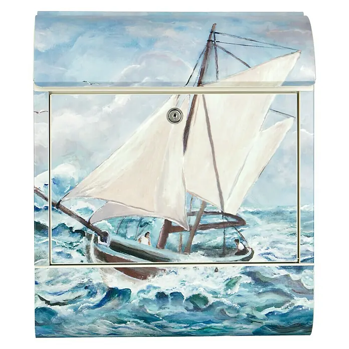 Wandbriefkasten - L x B x H: 12 x 38 x 45 cm, Stahl, Zeitungsfach, Segelboot - Bemalte Briefkastenansicht mit einem Segelboot auf stürmischer See, das eine maritime und künstlerische Note für den Außenbereich bietet.