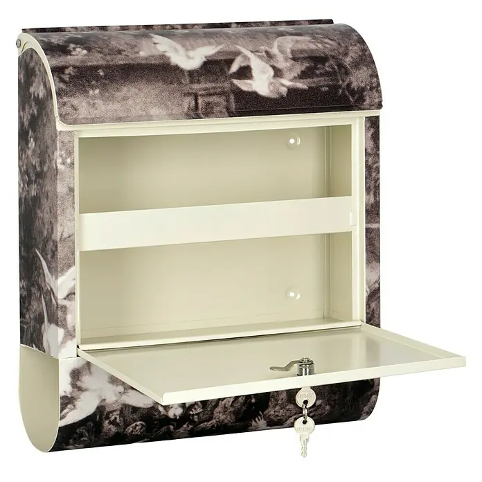 Wandbriefkasten - L x B x H: 12 x 38 x 45 cm, Stahl, Zeitungsfach, Märchen - Geöffneter Briefkasten mit Schlüssel, der das Design und die Funktionalität dieses Produkts hervorhebt.