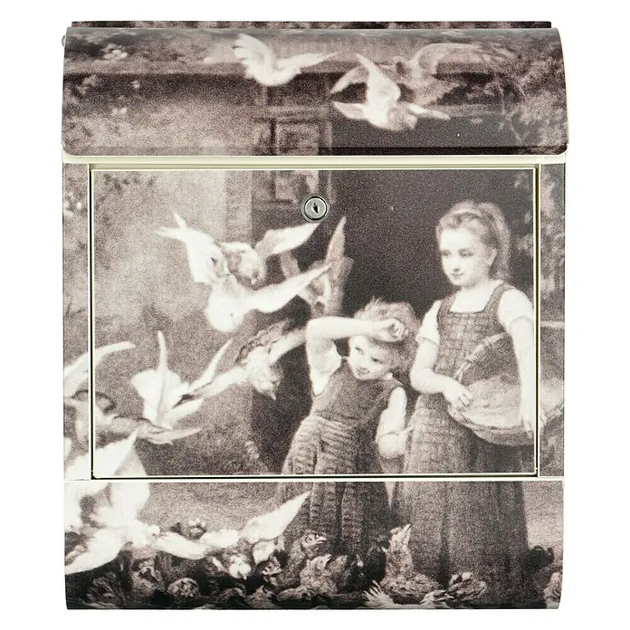 Wandbriefkasten - L x B x H: 12 x 38 x 45 cm, Stahl, Zeitungsfach, Märchen - Eine dekorative Briefkasten mit einem Vintage-Design, das spielende Kinder und Vögel zeigt, ideal für Liebhaber klassischer Ästhetik.
