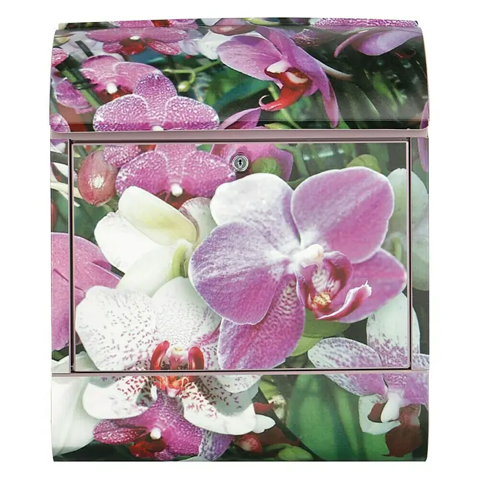 Wandbriefkasten - L x B x H: 12 x 38 x 45 cm, Stahl, Zeitungsfach, Orchidee - Briefkasten mit Orchideenmuster. Der farbenfrohe Briefkasten mit Blumenmuster ist ein echter Hingucker an jeder Hauswand und bietet genügend Platz für Post.