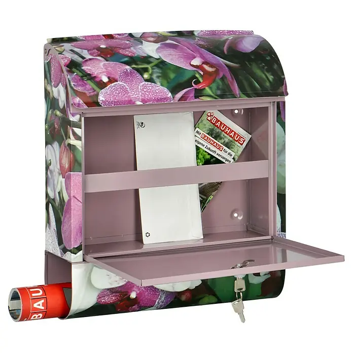 Wandbriefkasten - L x B x H: 12 x 38 x 45 cm, Stahl, Zeitungsfach, Orchidee - Dekorativer Briefkasten mit Blumenmuster und Schloss zur sicheren Aufbewahrung Ihrer Post und Zeitungen.