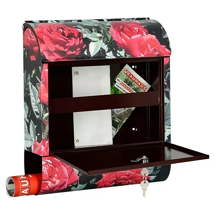 Wandbriefkasten - L x B x H: 12 x 38 x 45 cm, Stahl, Zeitungsfach, Rote Rosen - Anwendungsbeispiel