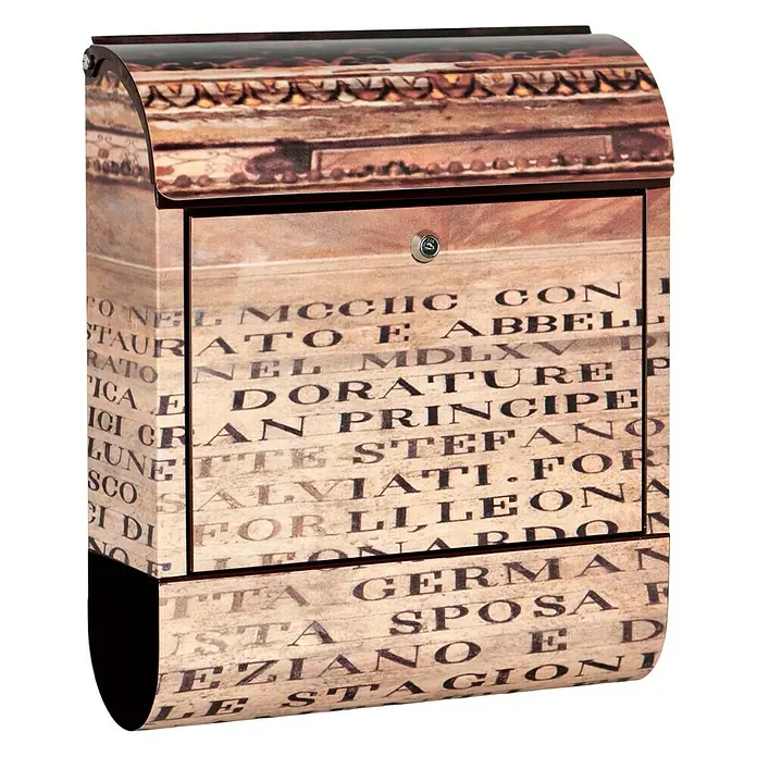 Wandbriefkasten - L x B x H: 12 x 38 x 45 cm, Stahl, Zeitungsfach, Schrift - Bedruckter Briefkasten mit antikem Design.