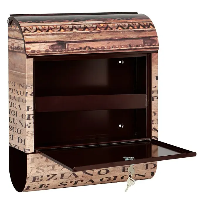 Wandbriefkasten - L x B x H: 12 x 38 x 45 cm, Stahl, Zeitungsfach, Schrift - Geöffneter Briefkasten mit antikem Dekor, der Funktionalität und klassischen Stil für den Eingangsbereich vereint.