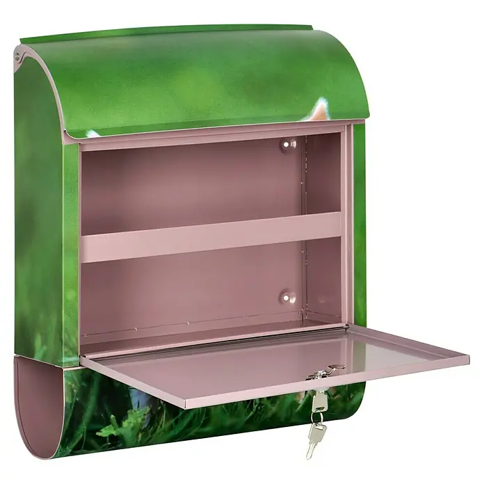 Wandbriefkasten - L x B x H: 12 x 38 x 45 cm, Stahl, Zeitungsfach, Schwein - Ansicht eines grünen Briefkastens mit Blumenmuster und einem offenen Fach, inklusive Schlüsseln, der für Postsendungen geeignet ist.